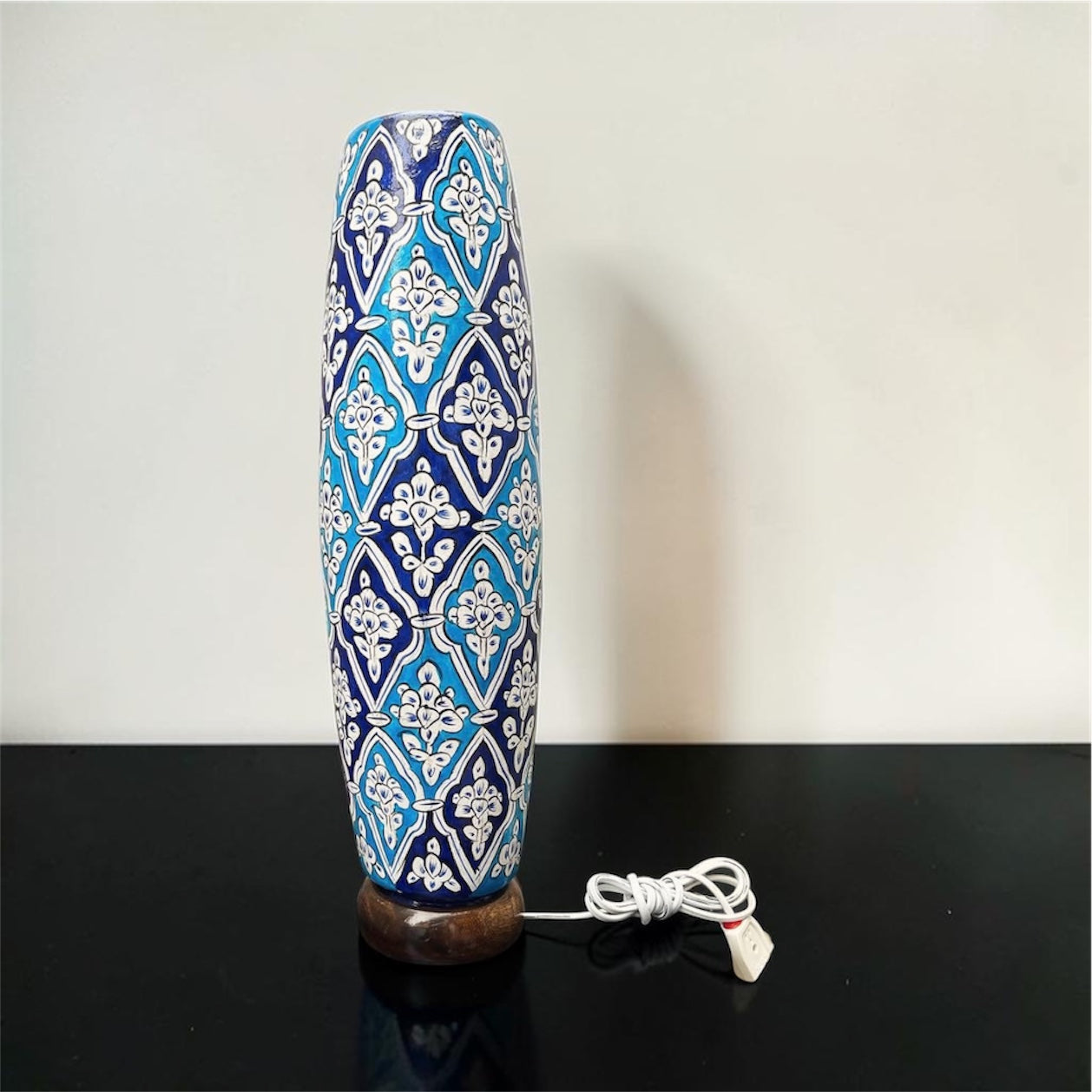 Blue Pottery Multani Art Camel Skin Bottle Lamp