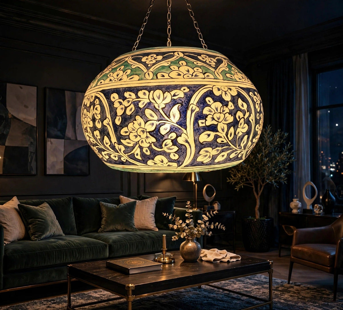 Ceiling Hanging Camel Skin Lamp - Neeli Bel glowing in a luxury living room
