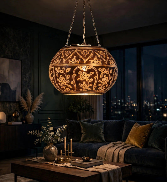 Ceiling Hanging Camel Skin Lamp - Bronze Gul glowing in a luxury living room