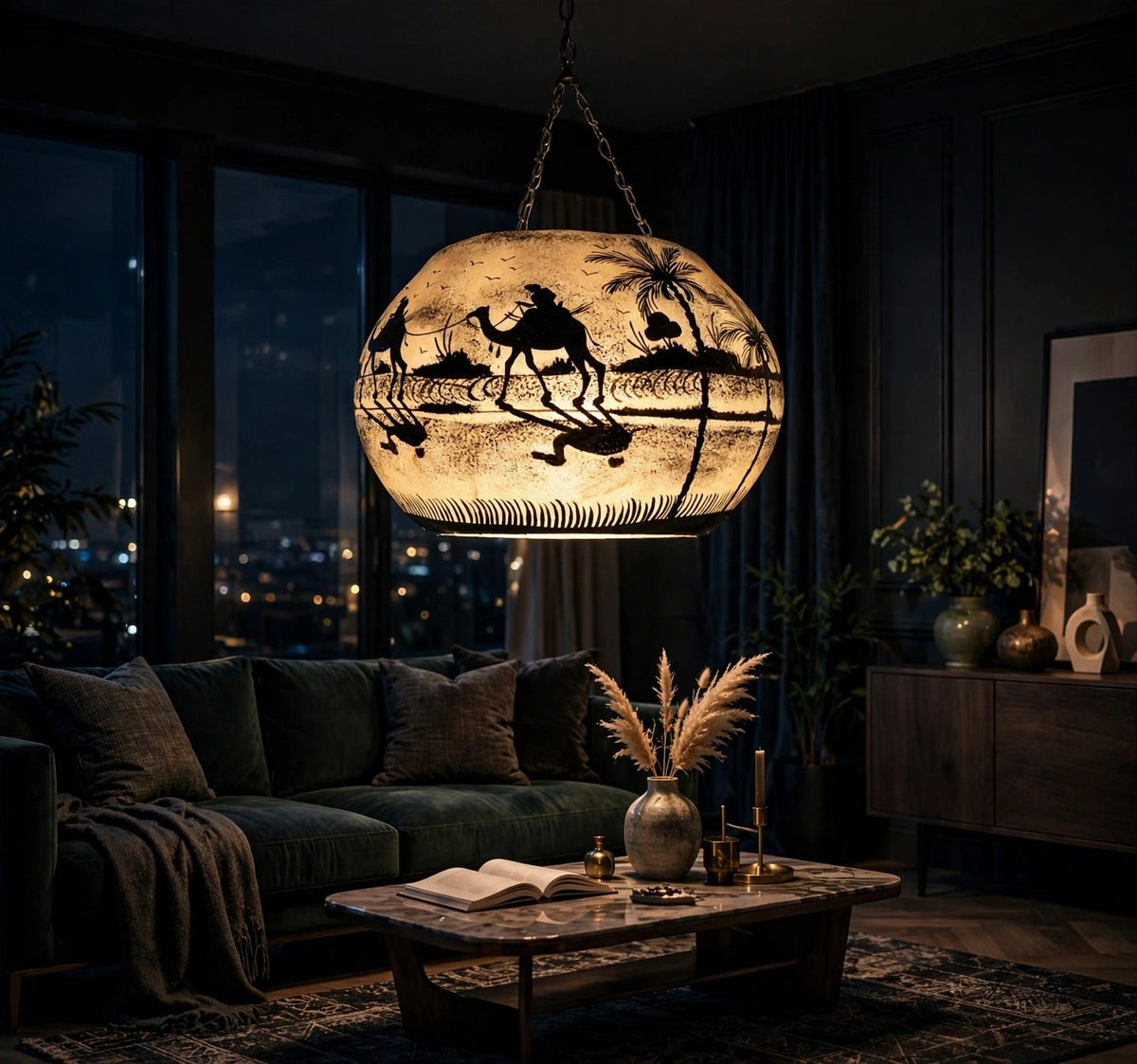 Ceiling Hanging Camel Skin Lamp - Desert Caravan glowing in a luxury living room