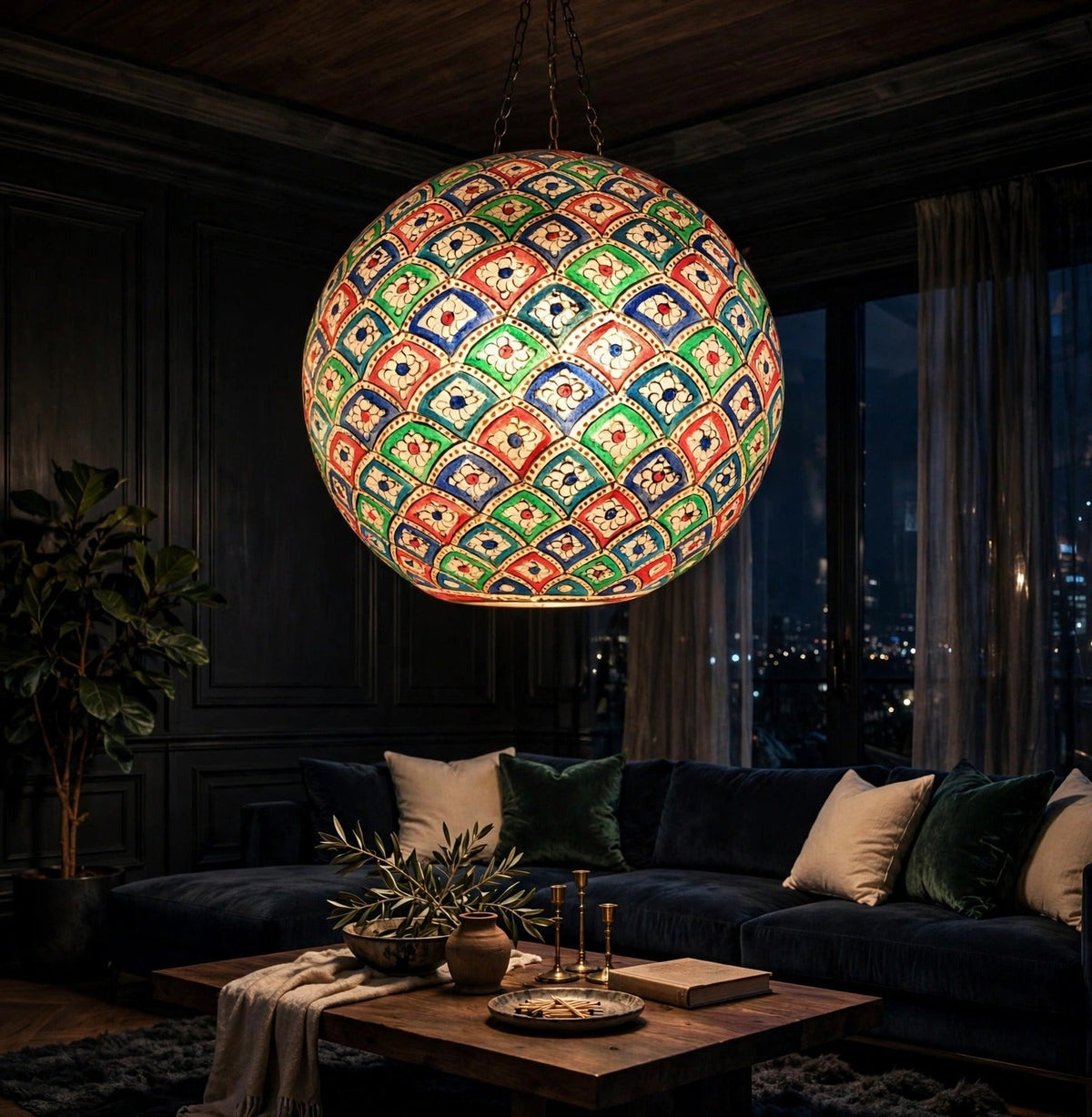 Ceiling Hanging Camel Skin Lamp - Diamond Jaal glowing in a luxury living room