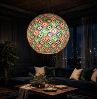 Ceiling Hanging Camel Skin Lamp - Diamond Jaal glowing in a luxury living room