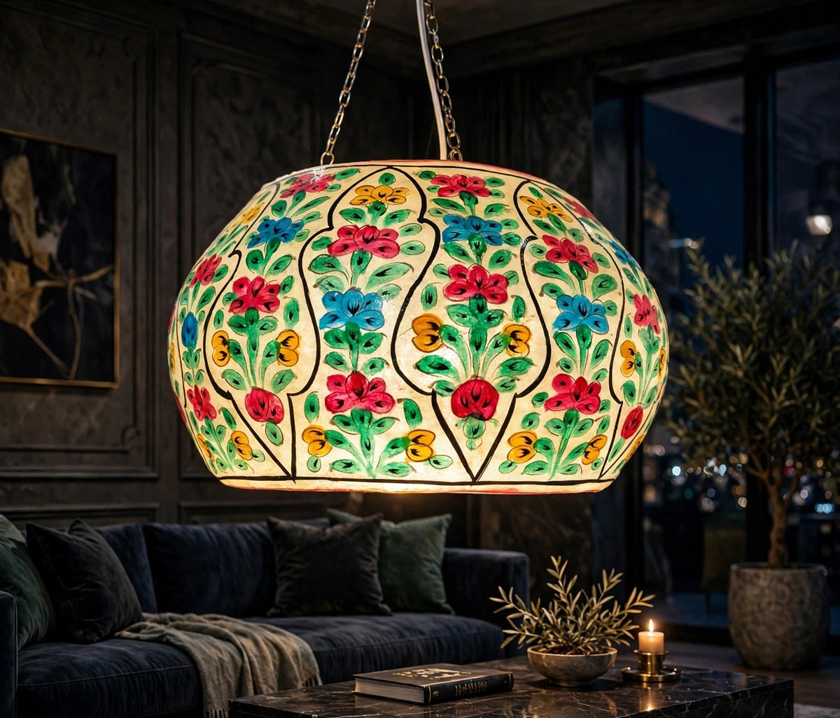 Ceiling Hanging Camel Skin Lamp - Gulshan glowing in a luxury living room
