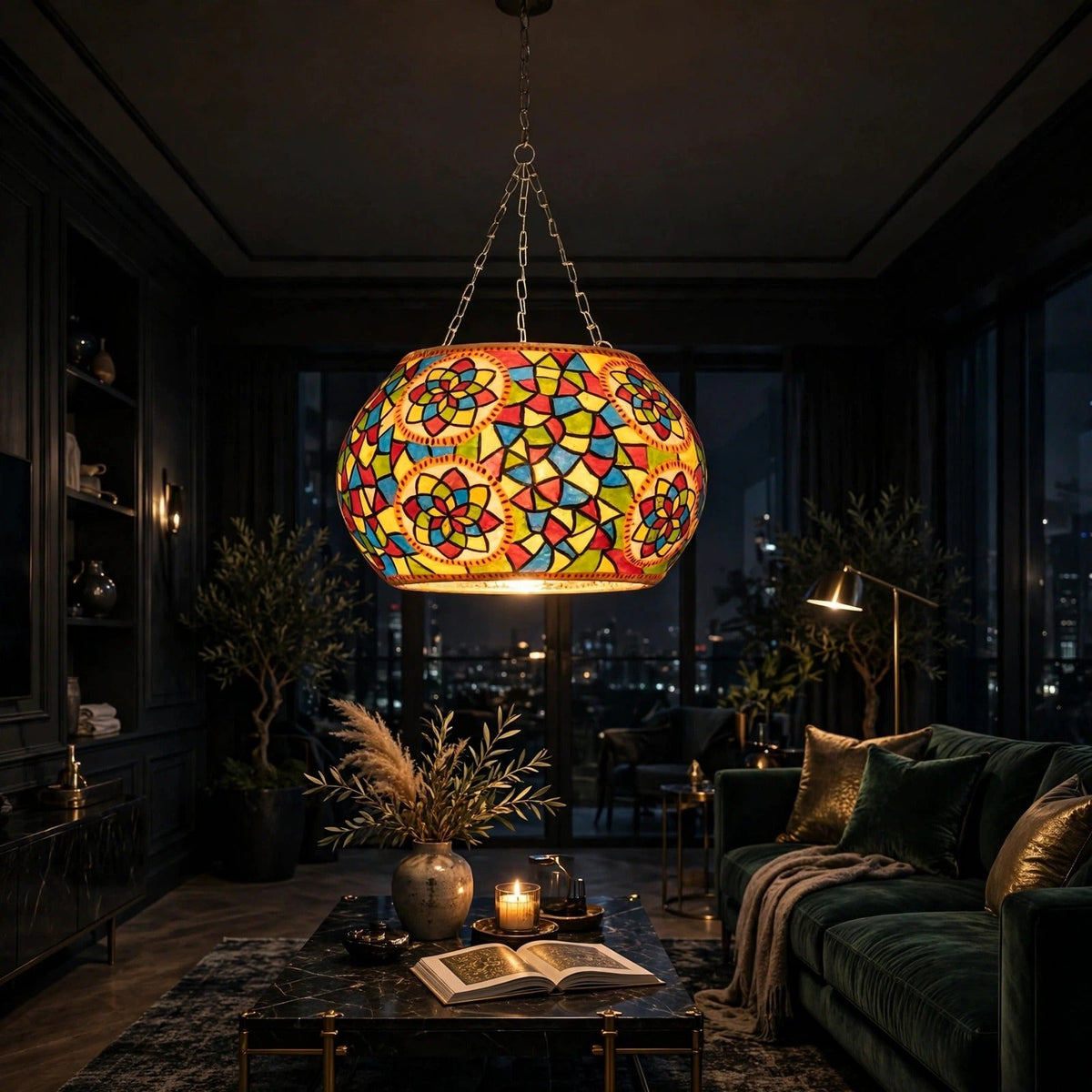 Ceiling Hanging Camel Skin Lamp - Mosaic Medallion glowing in a luxury living room