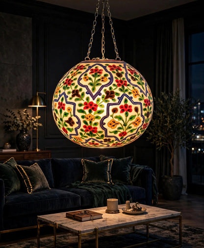 Ceiling Hanging Camel Skin Lamp - Mughal Floral glowing in a luxury living room