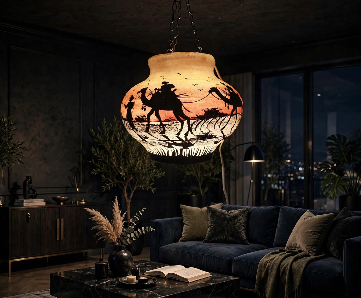 Ceiling Hanging Camel Skin Lamp - Sunset Caravan glowing in a luxury living room