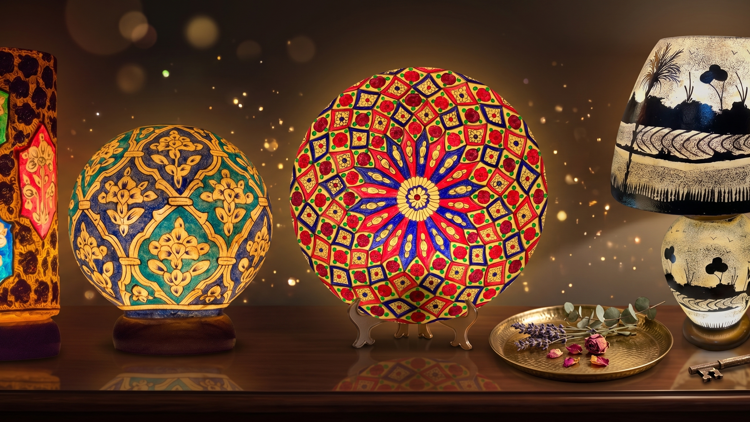 Decorative lamps with intricate designs on a wooden surface.