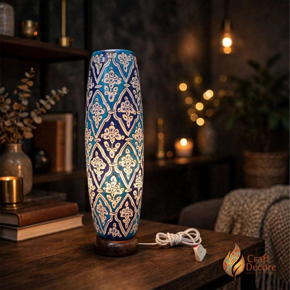 Blue Pottery Multani Art Camel Skin Bottle Lamp