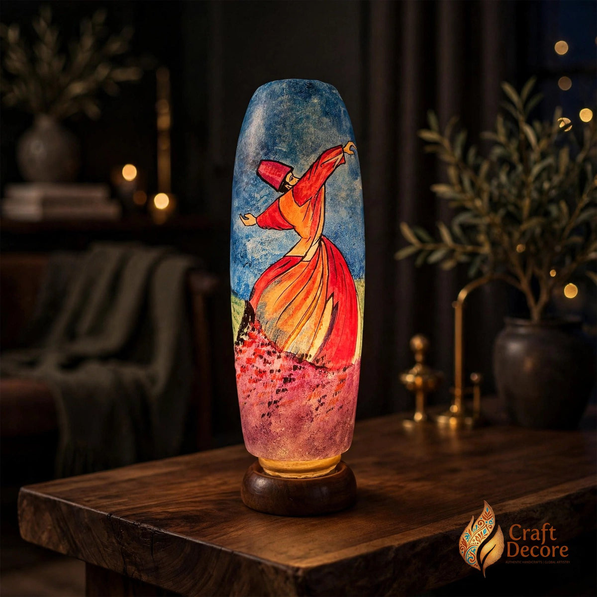 Blue & Red Sufism Camel Skin Bottle Lamp