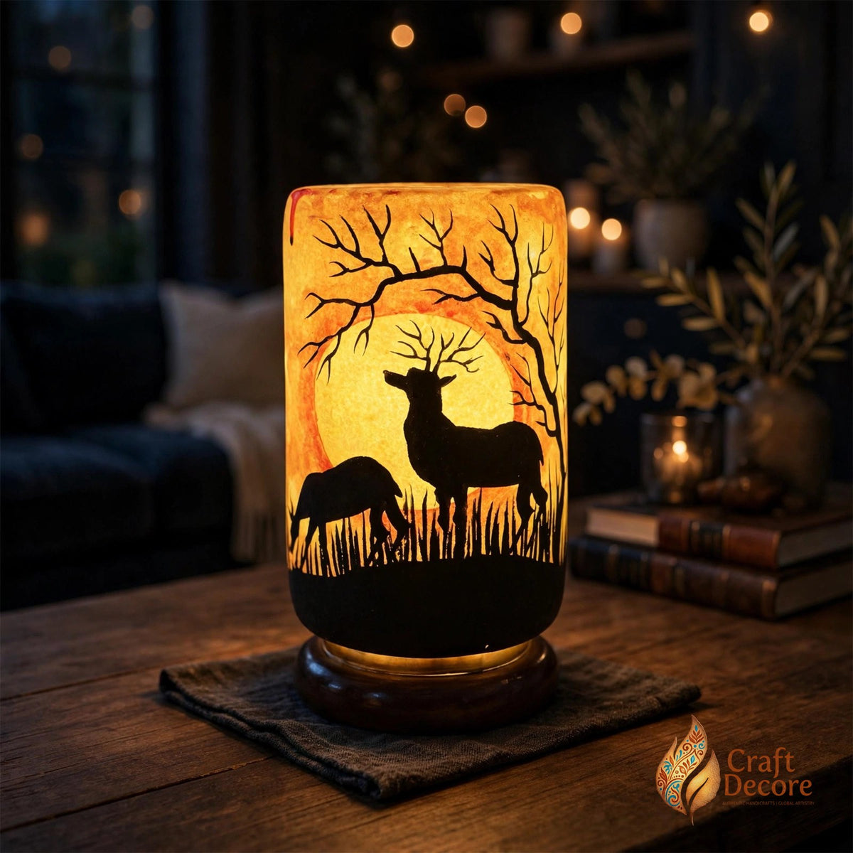 Double Deer Camel Skin Glass Lamp