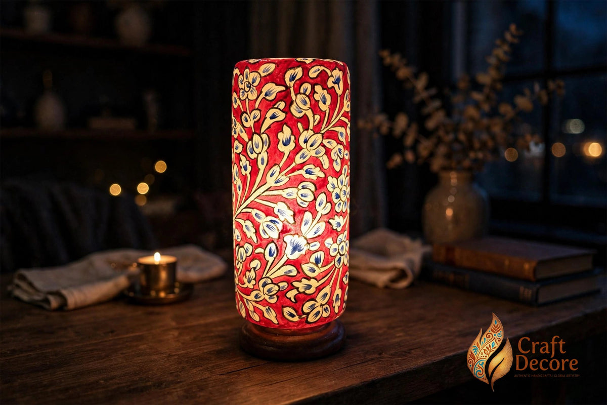 Red Floral Camel Skin Glass Lamp