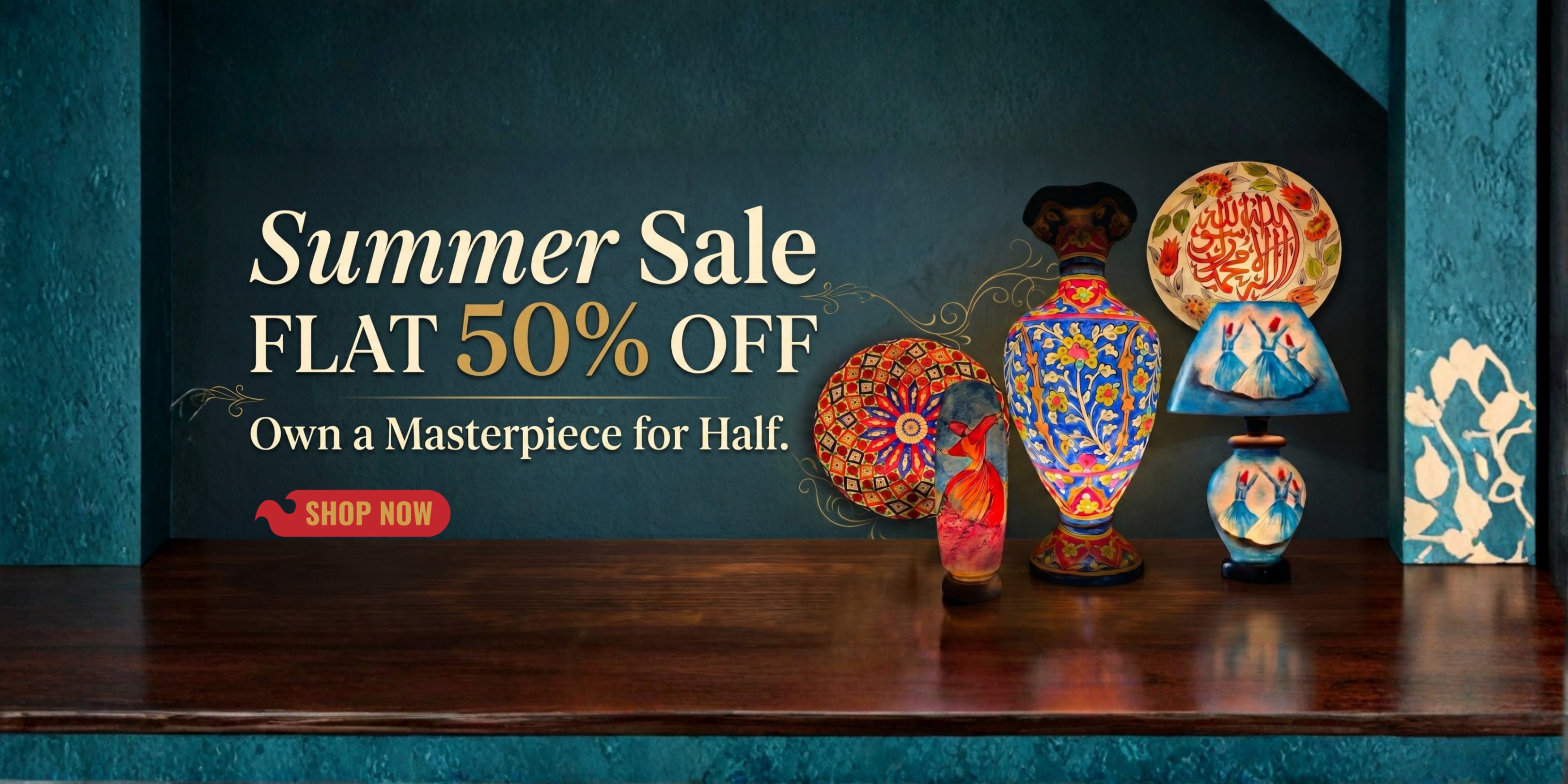 Decorative vases with colorful patterns on a dark blue background, promoting a summer sale with text overlay.