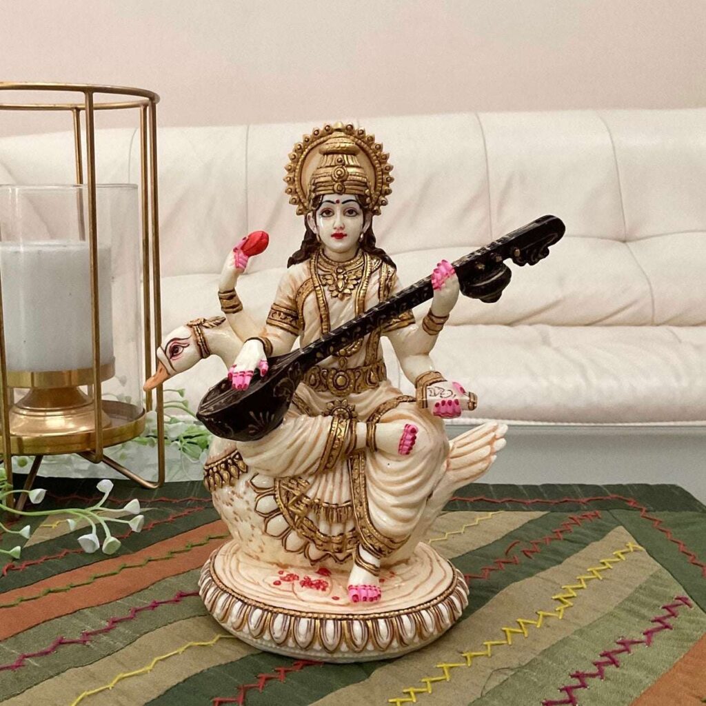 Marble Maa Saraswati Idol – Goddess of Wisdom on Swan with Veena